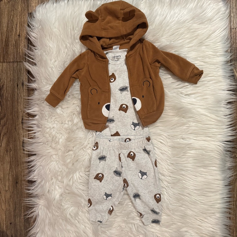 Carter’s Baby Boy 3M 3 Piece Bear Fox Hoodie Bodysuit Pants Outfit Set‎